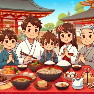 Family celebrating New Year’s Day in Japan with traditional foods like soba, mochi, and osechi.