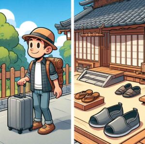 Traveler with a small suitcase and slip-on shoes in front of a Japanese inn.