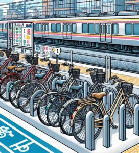 Bicycles parked in a designated bike parking area in Japan.