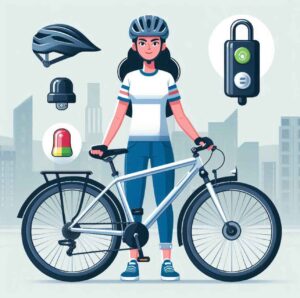 Cyclist with proper safety gear, including a helmet, light, and reflector.