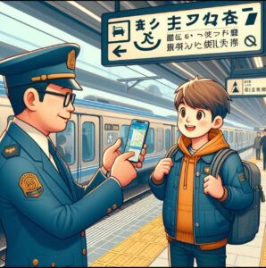 Traveler showing a picture of a train station to a staff member for directions.