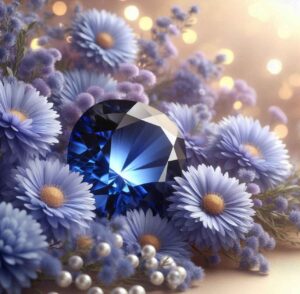 Sapphire gemstone with blooming aster flowers, representing September birthstone and flower.