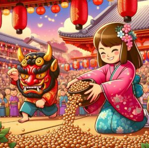 People throwing roasted soybeans at a demon during the Setsubun bean-throwing festival.