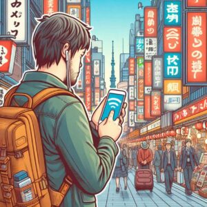 Traveler using a smartphone with portable Wi-Fi on a busy Japanese street.