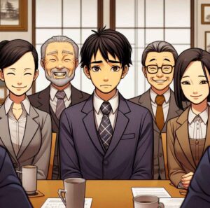 A business meeting in Japan showing unspoken rule, where people smile politely, with one individual appearing unsure, representing unspoken social expectations.