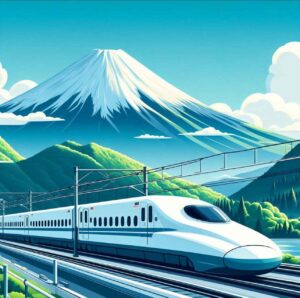 Shinkansen bullet train passing Mount Fuji, showcasing speed and efficiency.