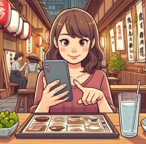 Tourist using a translation app to read a Japanese menu in a sushi restaurant.