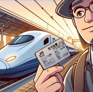 Traveler holding a JR Pass with a Shinkansen bullet train in the background.