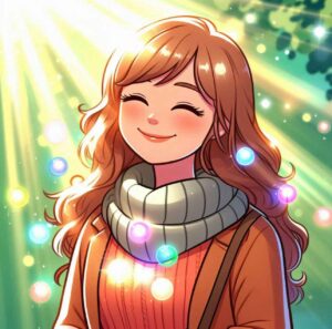Cheerful young woman basking in sunlight with floating orbs of positivity and energy.