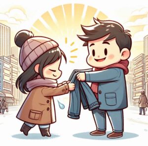 A man offering his jacket to a woman, symbolizing love through selfless sacrifice.