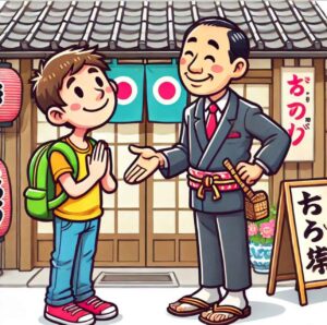 Tourist saying Konnichiwa to a Japanese shopkeeper.