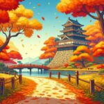 October landscape with colorful autumn leaves and clear blue sky featuring Matsumoto Castle.