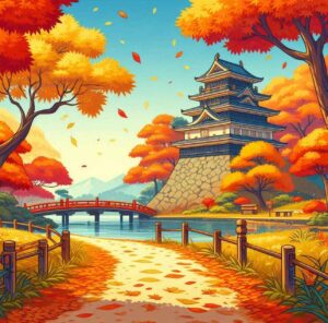 October landscape with colorful autumn leaves and clear blue sky featuring Matsumoto Castle.