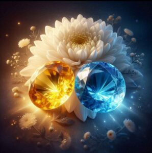 Citrine and topaz birthstones glowing alongside a chrysanthemum flower, symbolizing the birthstones and flower of November-born people.