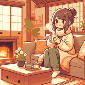 Person relaxing on a couch with a cup of tea, symbolizing self-care.