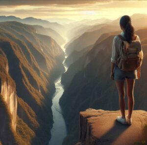 Person standing at the edge of a cliff, symbolizing courage in embracing challenges.