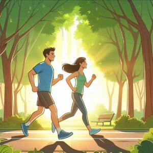 A couple jogging on a tree-lined path, emphasizing the stress-relieving benefits of exercise.