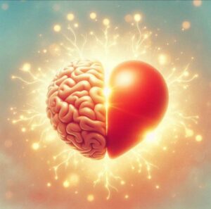 A human brain intertwined with a glowing red heart. The brain emits a soft, golden light to symbolize intelligence and creativity, while the heart radiates warmth, representing love and emotion.