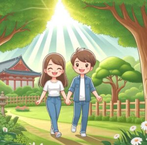 Happy couple walking in a park, symbolizing the health benefits of love.