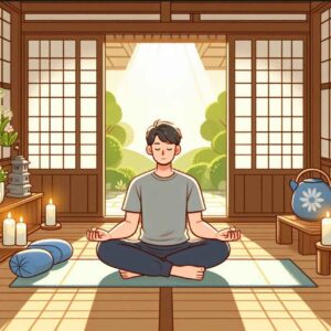 Person meditating indoors with candles, practicing relaxation techniques.