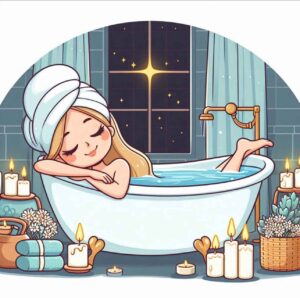 Peaceful bathroom with a filled bathtub and candles, symbolizing self-care.