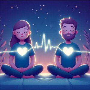 Couple sitting in sync with glowing lines symbolizing synchronized heartbeats and breathing.