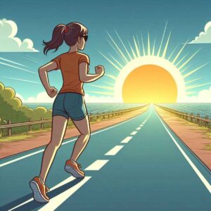 Runner on an empty road at sunrise, symbolizing perseverance and dedication.