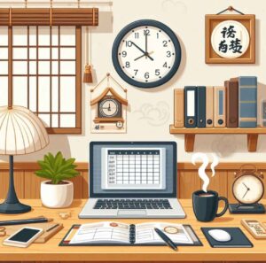 Organized desk with a planner and clock, symbolizing effective time management.