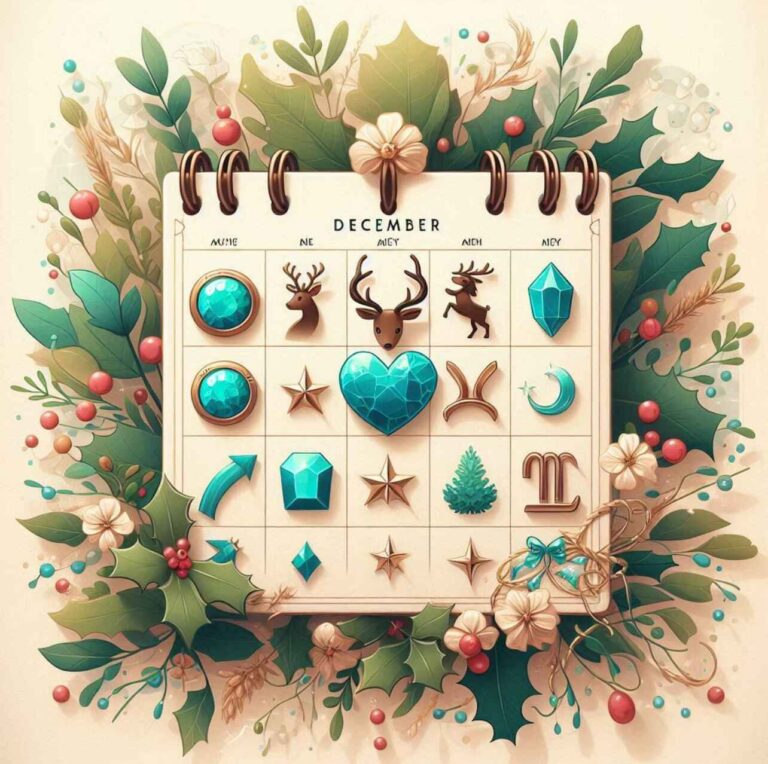 December-born zodiac calendar with Sagittarius and Capricorn symbols, turquoise stones, and holly, symbolizing positivity, love, and celebration.