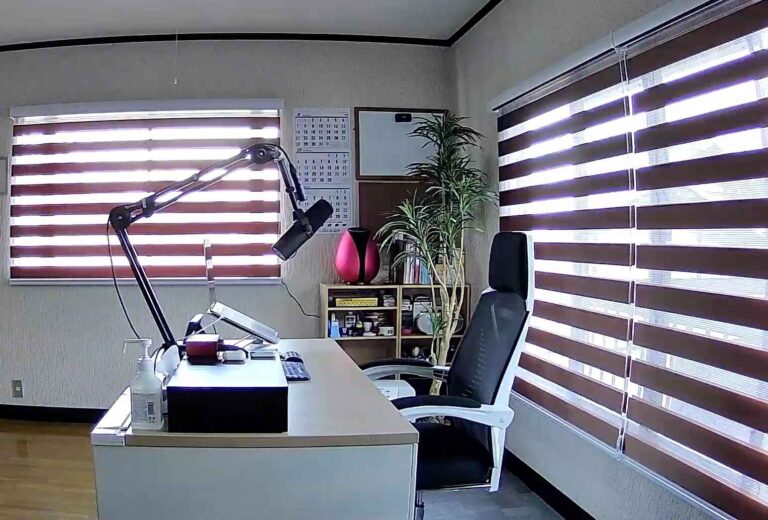 Office windows with dimmable roll blinds for easy light and privacy control.