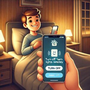 A relaxed person in bed using the SwitchBot app to turn on or off the lights.