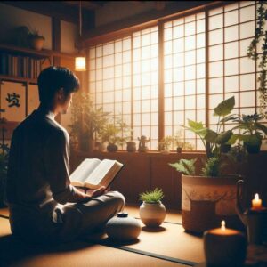 Person sitting in prayer with an open Bible, symbolizing peace and connection with God.