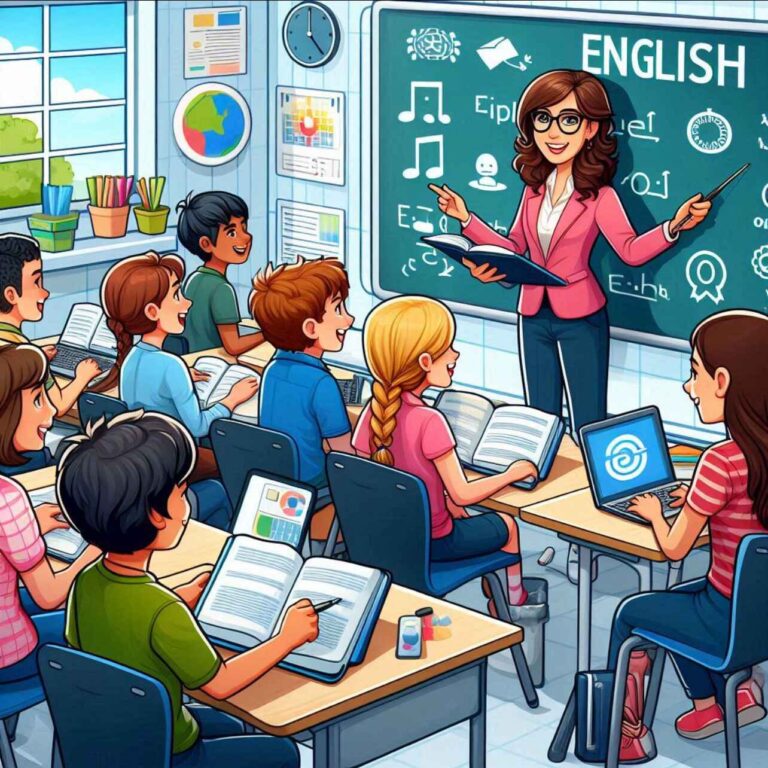 English language classroom with a teacher engaging diverse students using traditional and modern teaching tools.