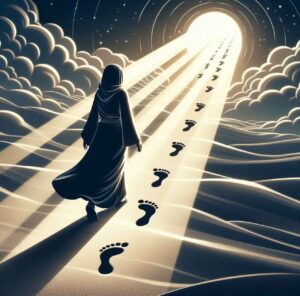 A determined figure taking a step forward on an illuminated path, symbolizing faith in action.