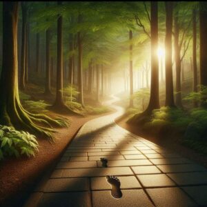 A forest path with footsteps, symbolizing the journey of a thousand miles beginning with a single step.