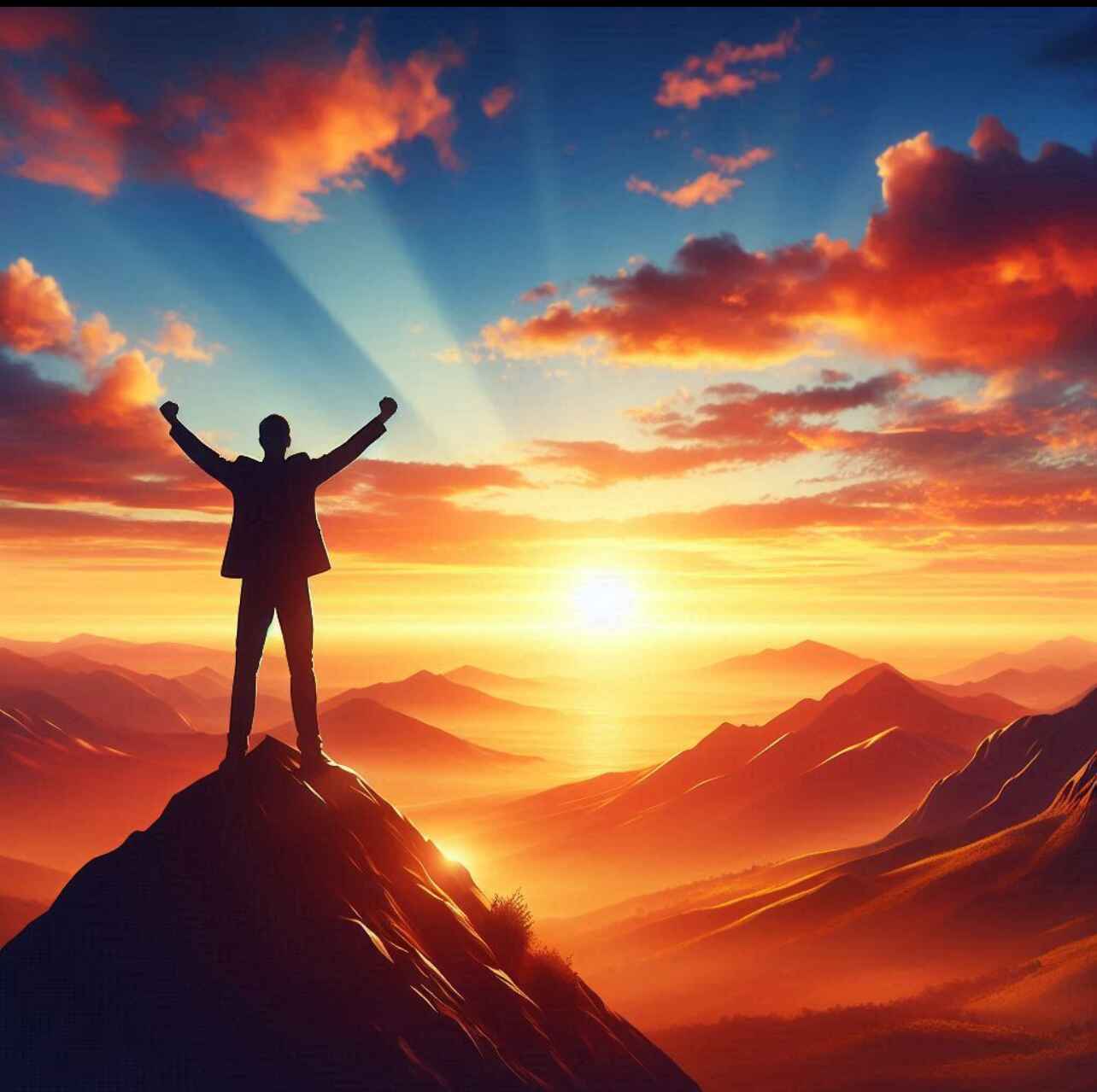 Person standing on a mountain at sunrise, symbolizing personal growth and self-improvement.