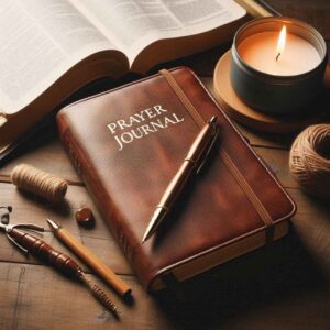 Open prayer journal with Bible verses and handwritten prayers.