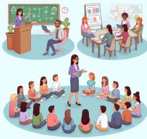 Three roles of a teacher: controller, facilitator, and co-learner, depicted in classroom settings.