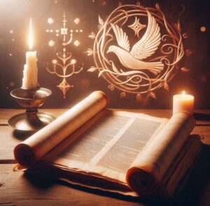 Open Bible on a wooden table with candlelight, highlighting God's symbols in scripture.