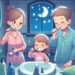 Parents and child doing night time routine with soft lighting.