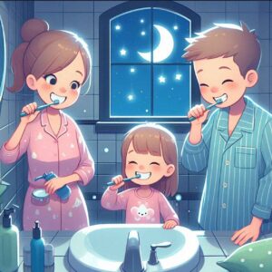 Parents and child doing night time routine with soft lighting.