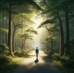 Person walking along a forest path with sunlight filtering through trees, symbolizing faith in God's guidance.