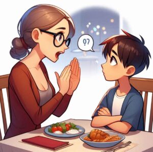 Parent setting a firm but kind boundary during a family meal.