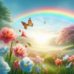 Rainbow over a meadow with a butterfly on a flower, symbolizing God's signs in nature.