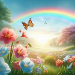 Rainbow over a meadow with a butterfly on a flower, symbolizing God's signs in nature.