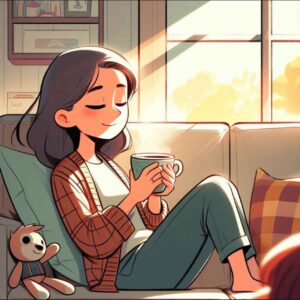 Parent peacefully resting with tea while toys sit nearby.