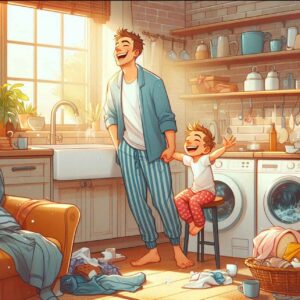 Messy living room, pajama-clad parent and child laughing together- raising kids does not need to be perfect.