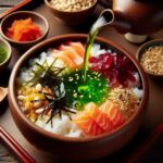 A bowl of ochazuke with green tea poured over rice, topped with umeboshi, seaweed, salmon flakes, and sesame seeds as one the Japanese breakfasts.