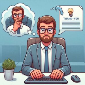 Job candidate thoughtfully writing a thank-you email after interview.
