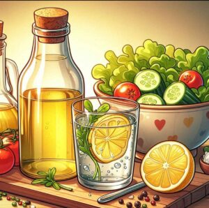 Glucose Hack: A small glass of diluted apple cider vinegar next to a fresh salad.